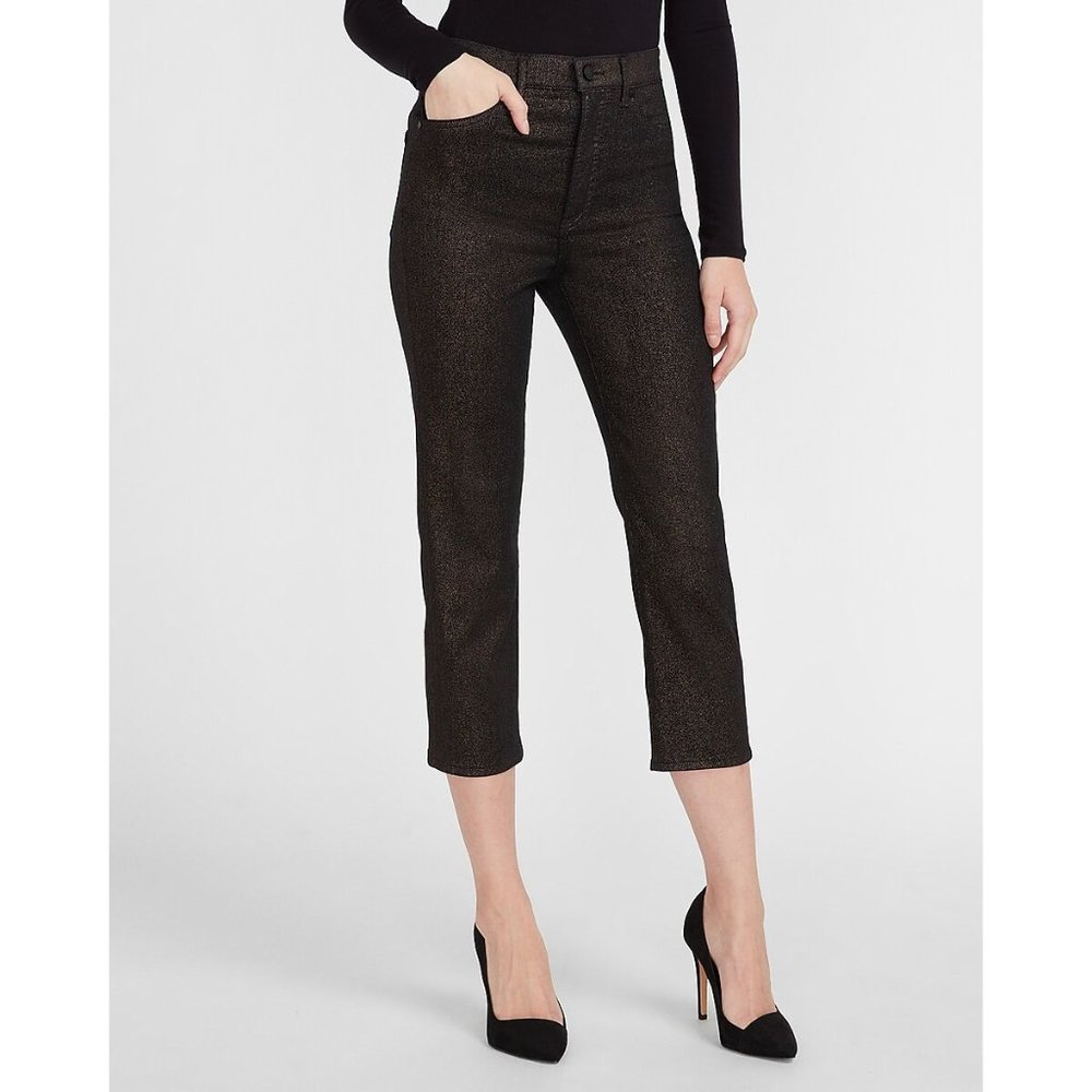 NEW Express Super High Waist Metallic Straight Cropped Jeans Black/Gold Size 00